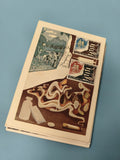 Carte postale Monaco timbres illustrés, scène sportive et objets, oblitérée