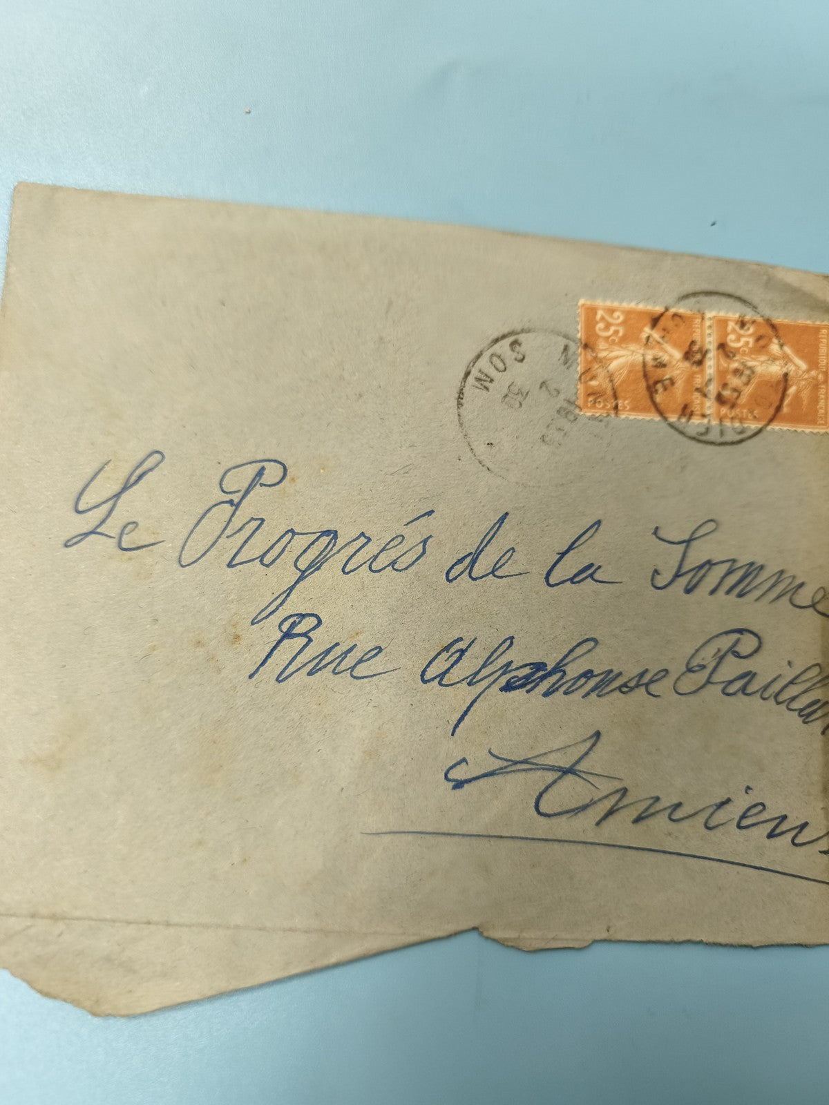 Ancienne enveloppe oblitérée début XXe philatélie, timbres orange Amiens