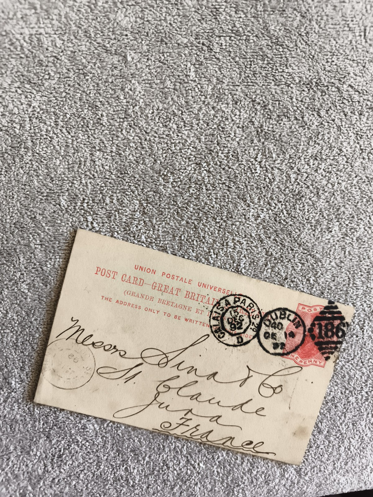 Carte postale ancienne GB 1d rouge oblitérée 1892 Paris Dublin CPA