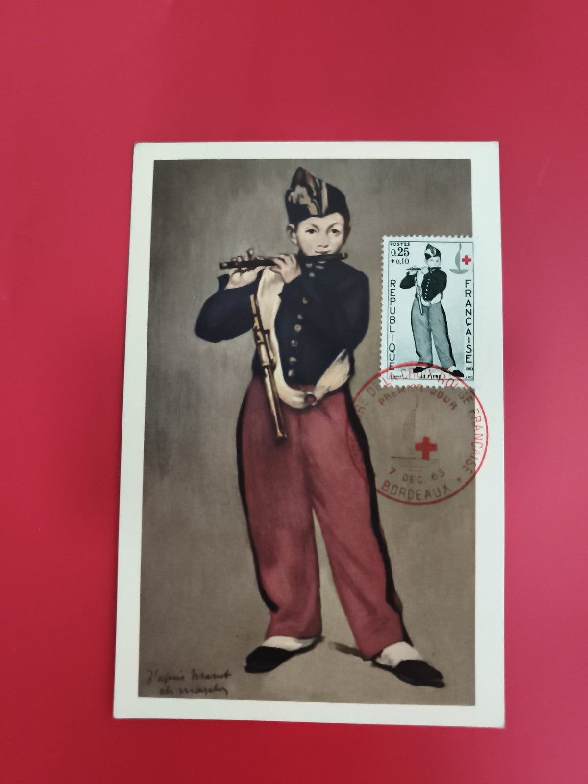 Carte postale FDC timbre France Tambourin Manet Croix-Rouge 1965 philatélie