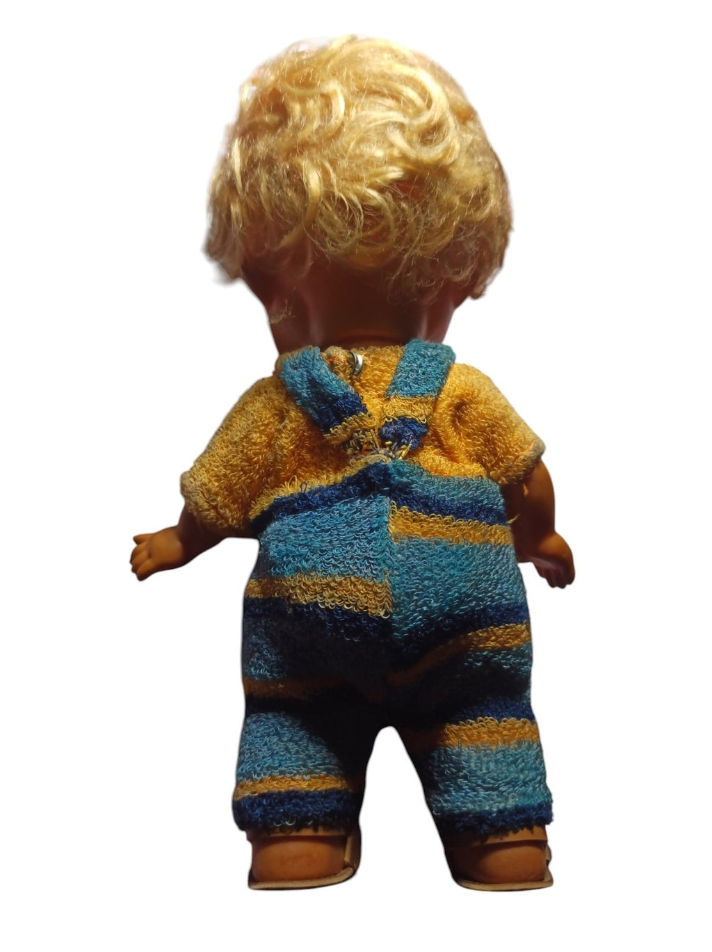 Poupée vintage années 1950 garçon blond combinaison bleu jaune rare France