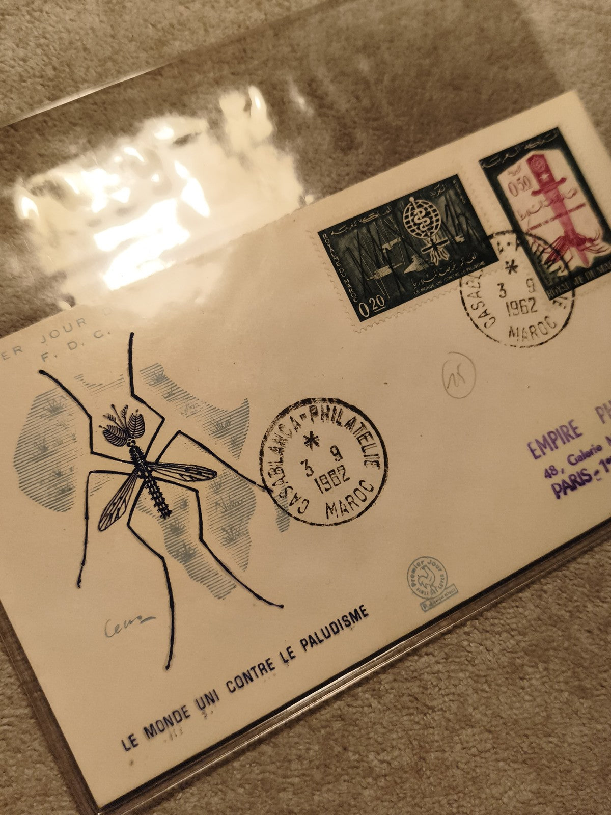 Lettre premier jour Maroc 1962 paludisme FDC timbres cachet philatélie (Ref 8)