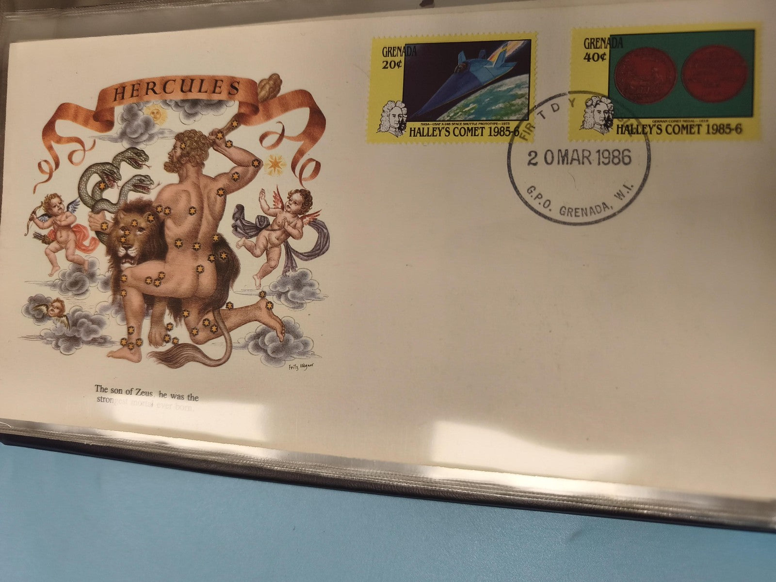 Enveloppe FDC premier jour Grenade 1986 Hércules timbres Halley's Comet