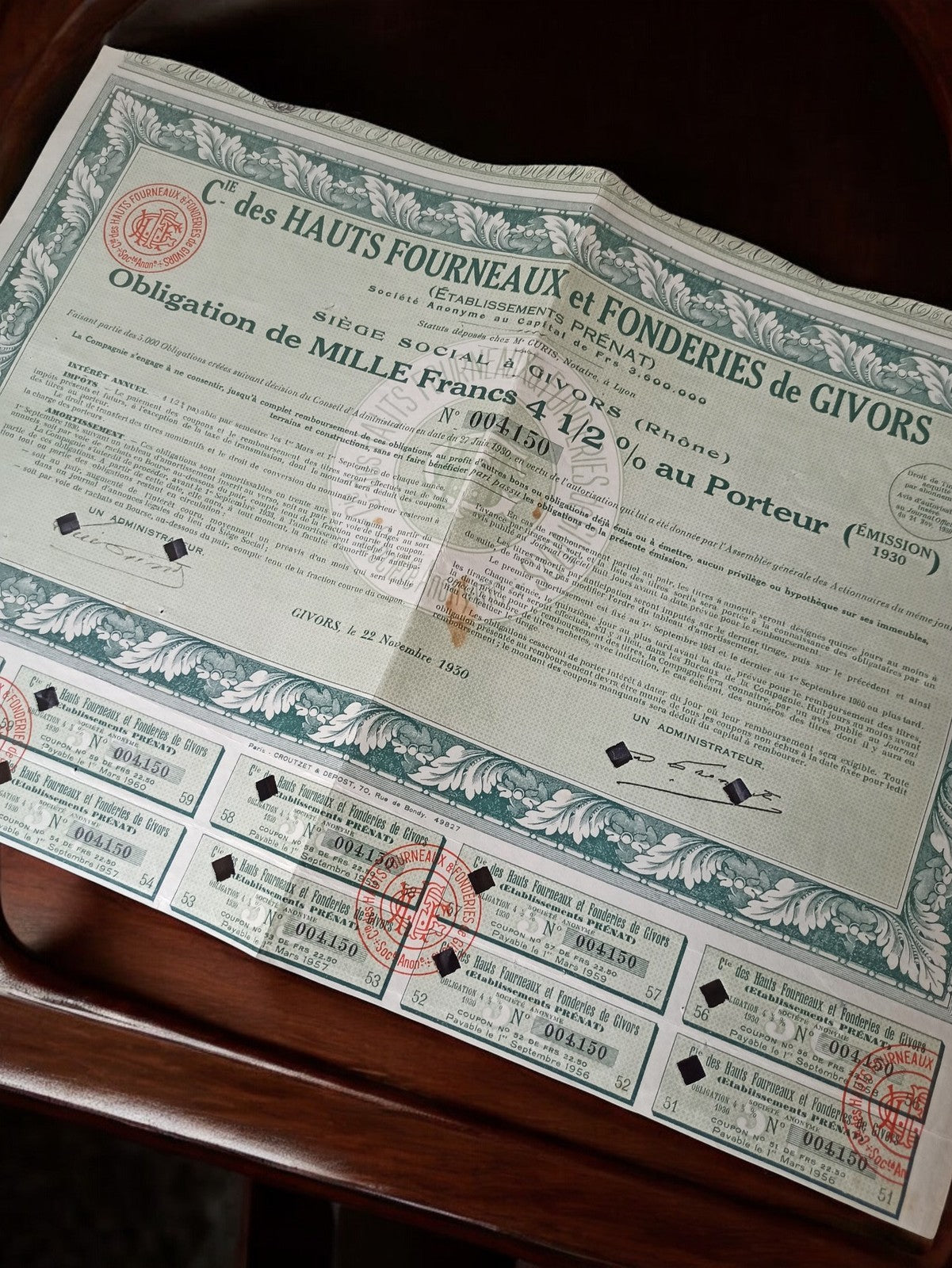 Obligation au porteur 1930 Hauts Fourneaux Givors document financier ancien
