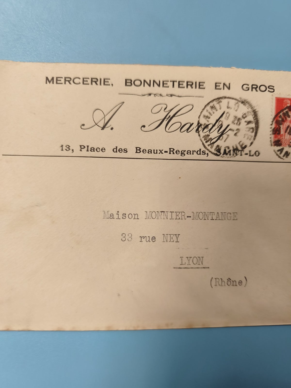 Ancienne enveloppe oblitérée début XXe Lyon Saint-Lô philatélie vintage