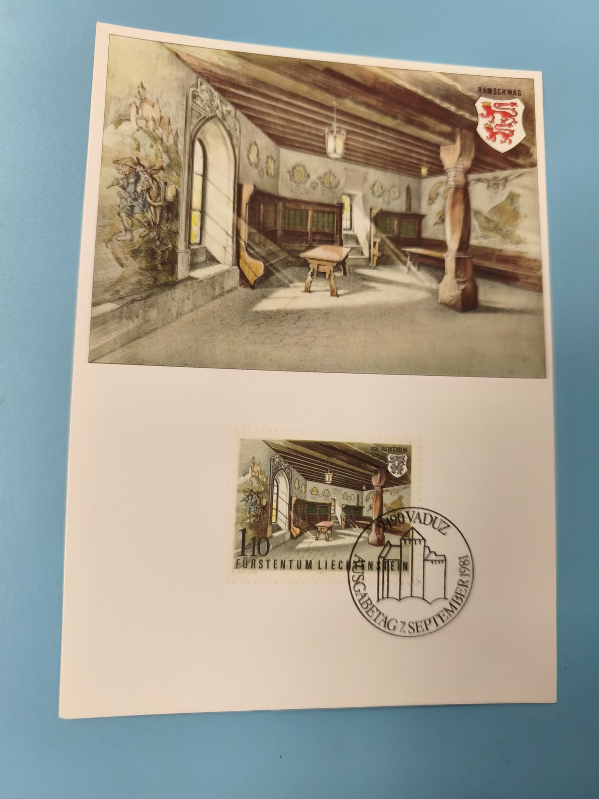 Carte postale Liechtenstein Ramschwag avec timbre illustré Vaduz 1981