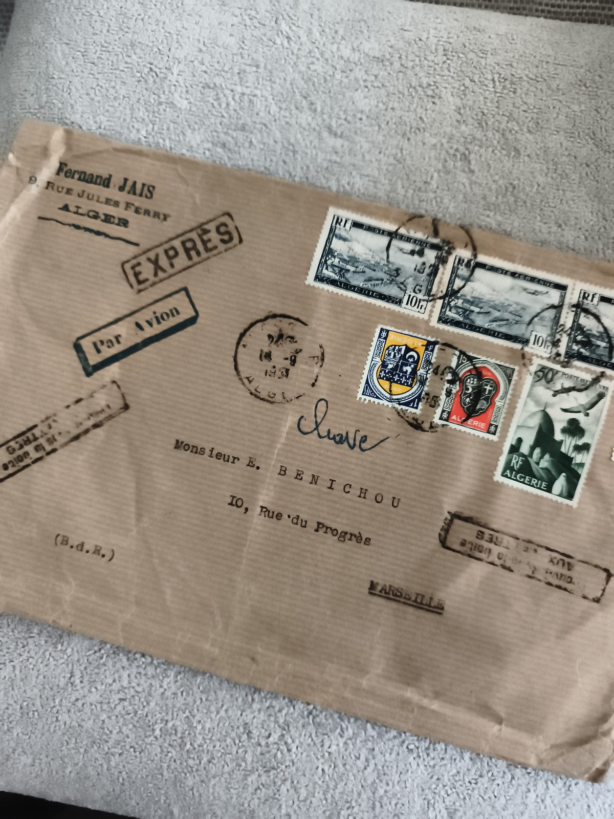 Lettre affranchie Algérie 1938 Express Par Avion, 5 timbres RF, cachets Marseill