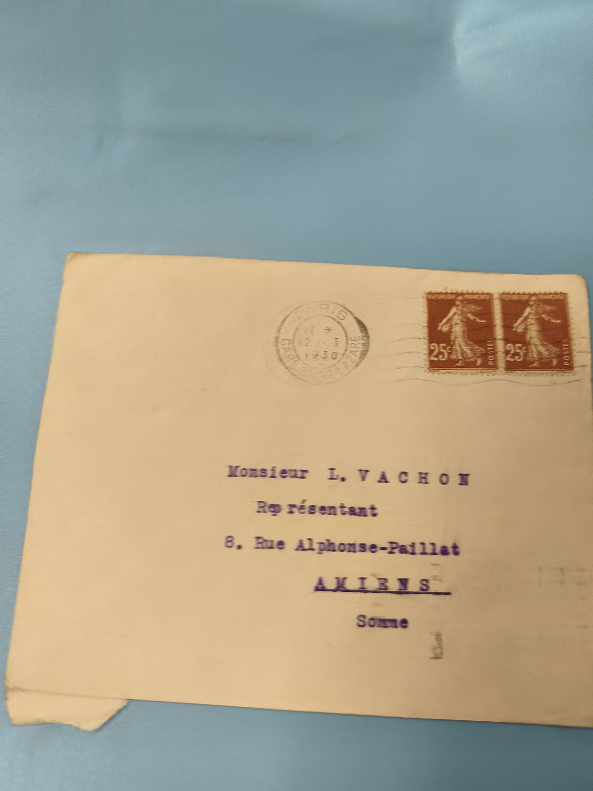 Ancienne enveloppe oblitérée 1930 philatélie timbres Semeuse 25c vintage