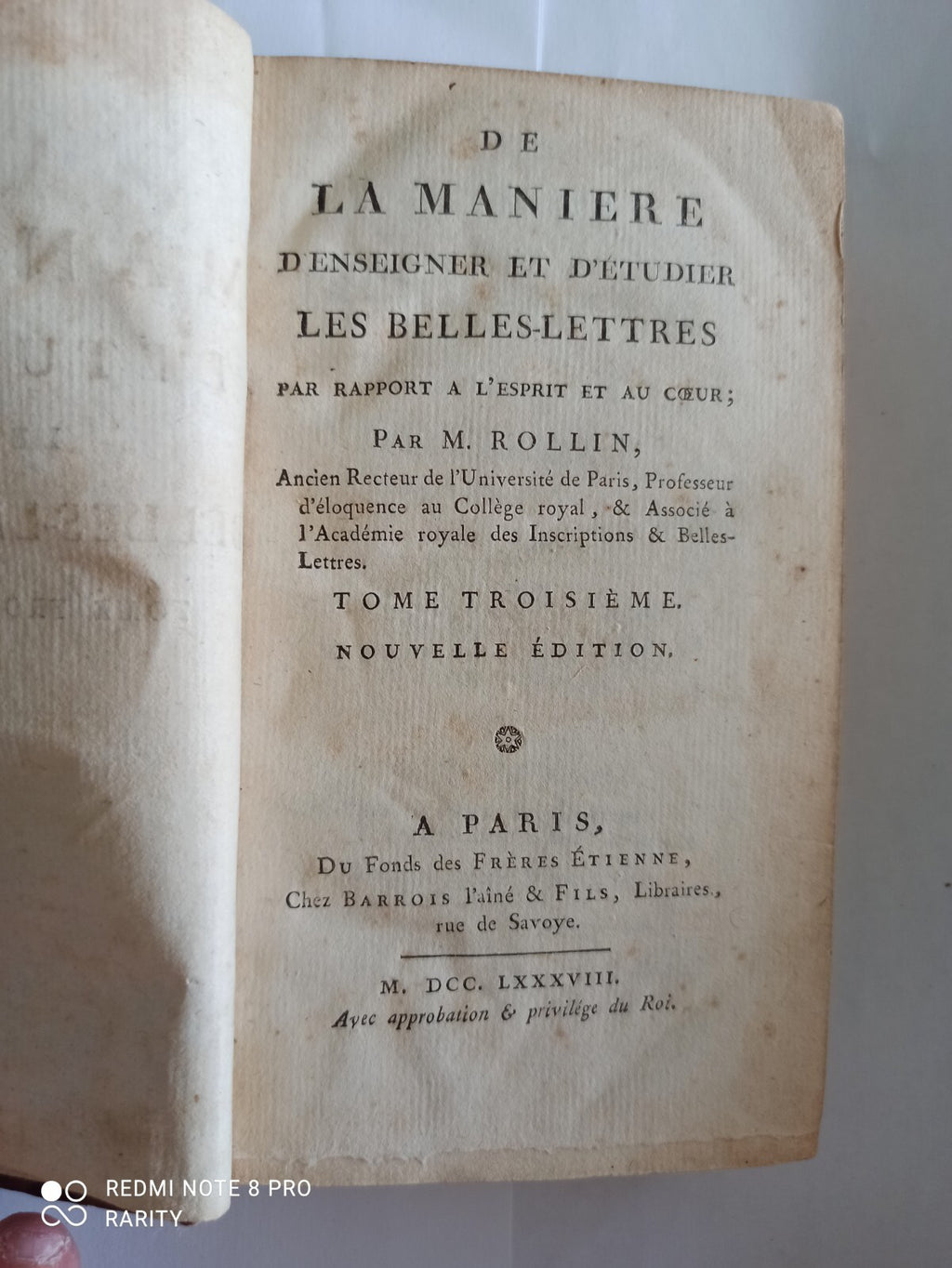 Livre 1788 De la manière d’enseigner les Belles-Lettres Rollin Tome 3 Paris