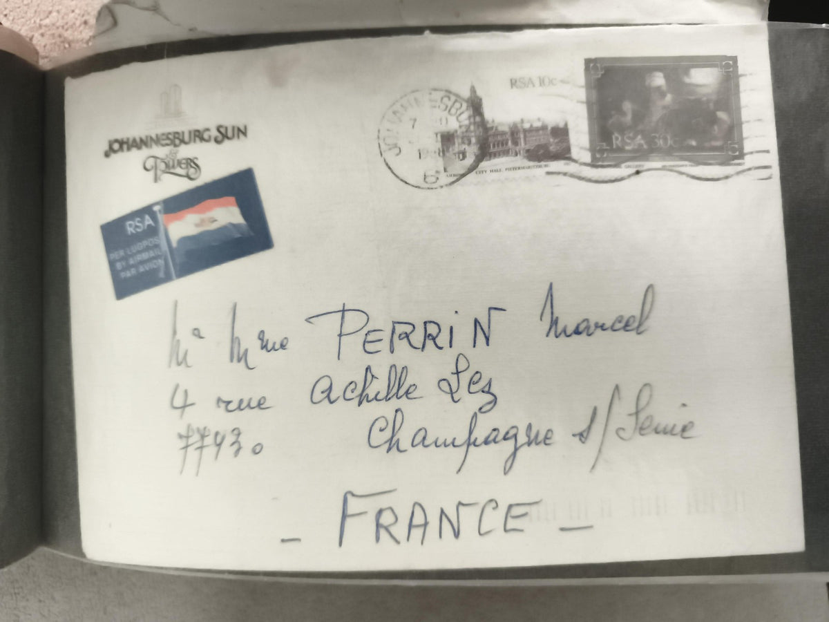 Lettre affranchie RSA 1980s Johannesburg Sun, 2 timbres, France, philatélie