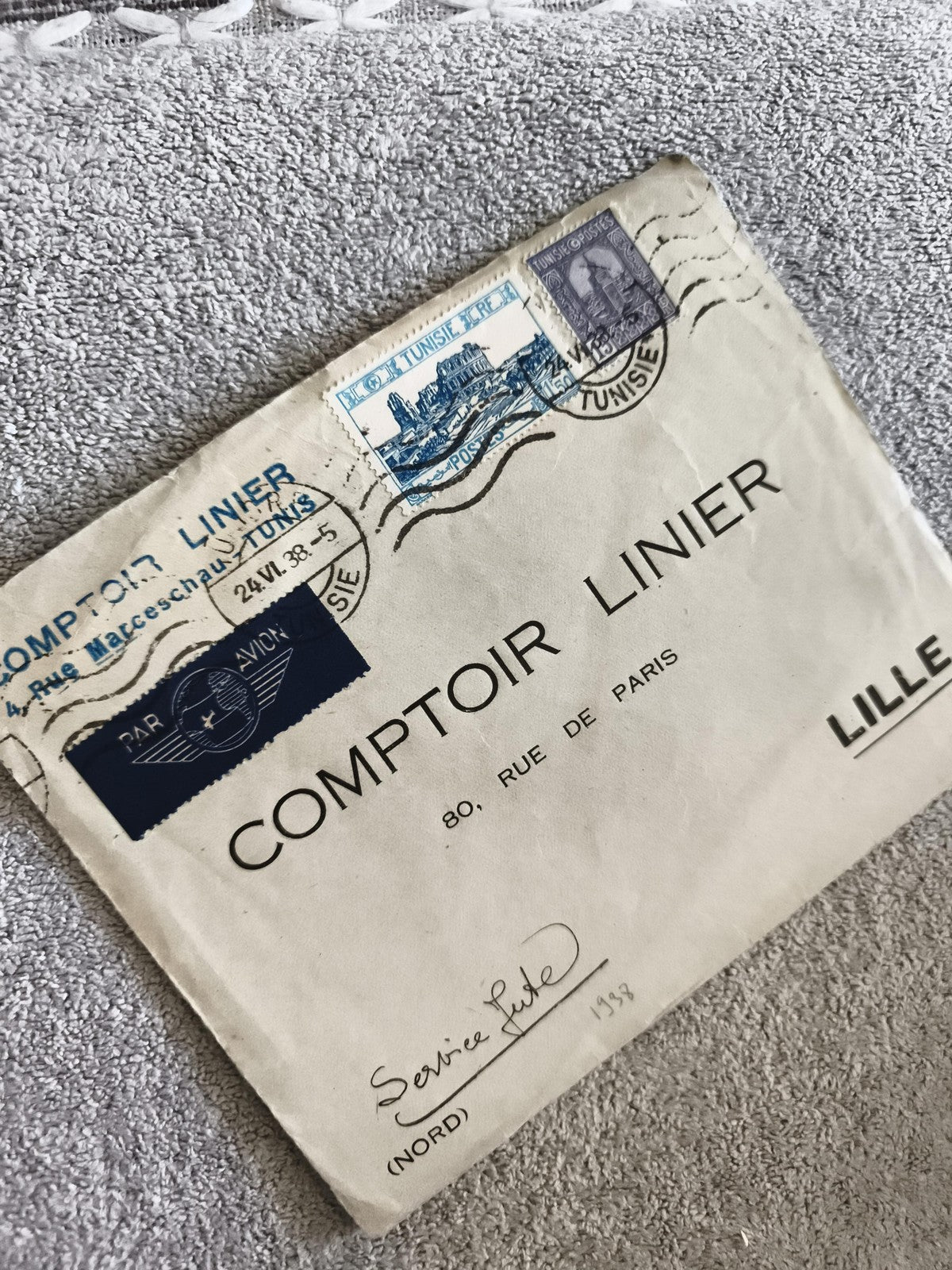 Lettre affranchie Tunisie 1938 Comptoir Linier Lille cachet poste aérienne phila