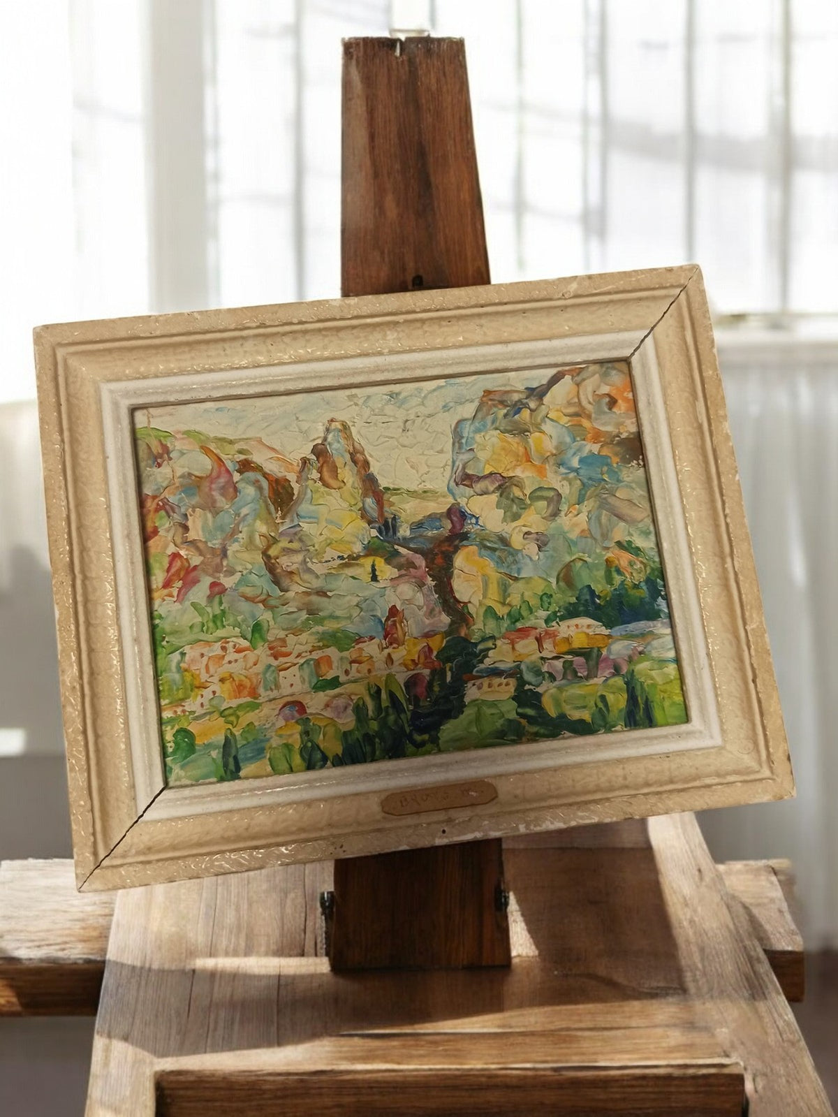 Tableau ancien paysage encadré peinture vintage décor rétro impressionniste