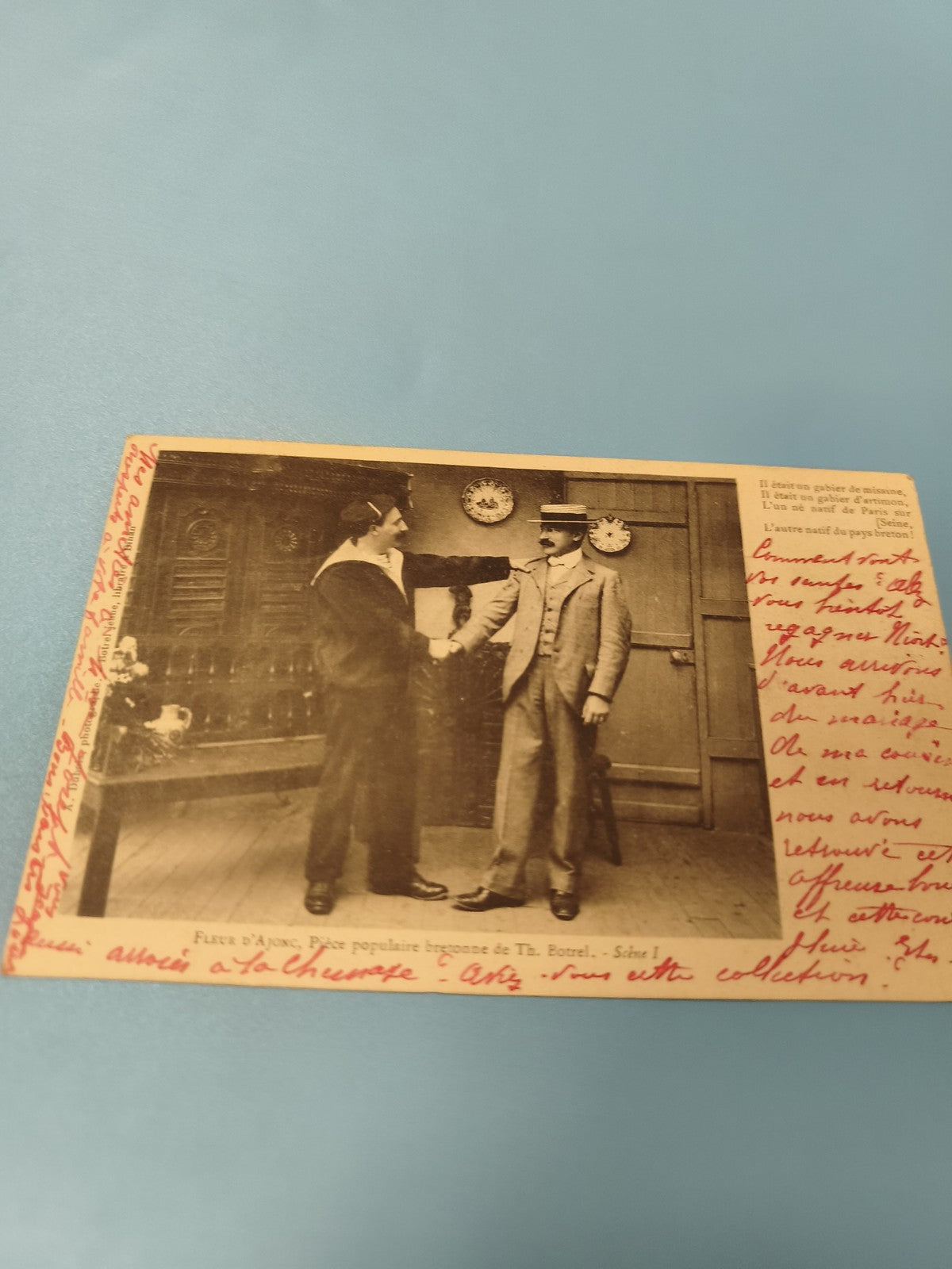 Carte postale ancienne CPA ? Scène bretonne, écriture manuscrite rouge