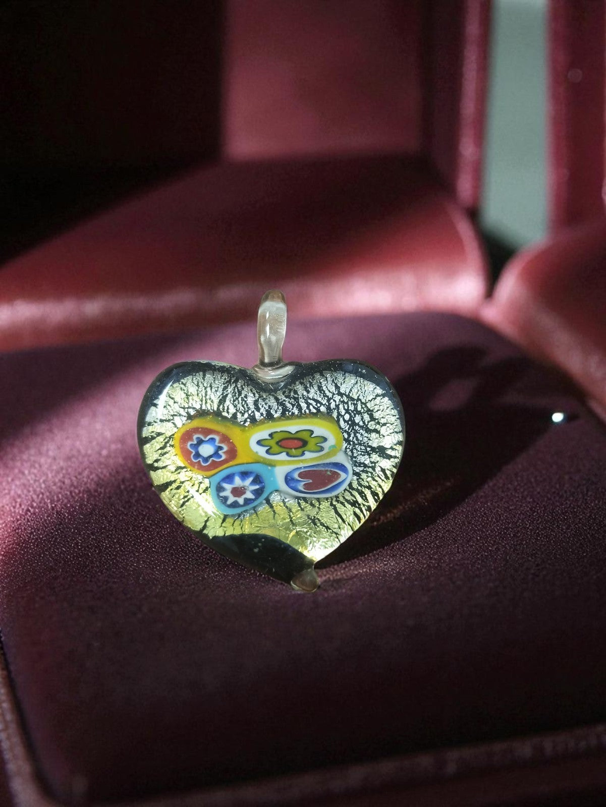 Pendentif cœur en verre Murano vintage, millefiori, bijou rétro ancien