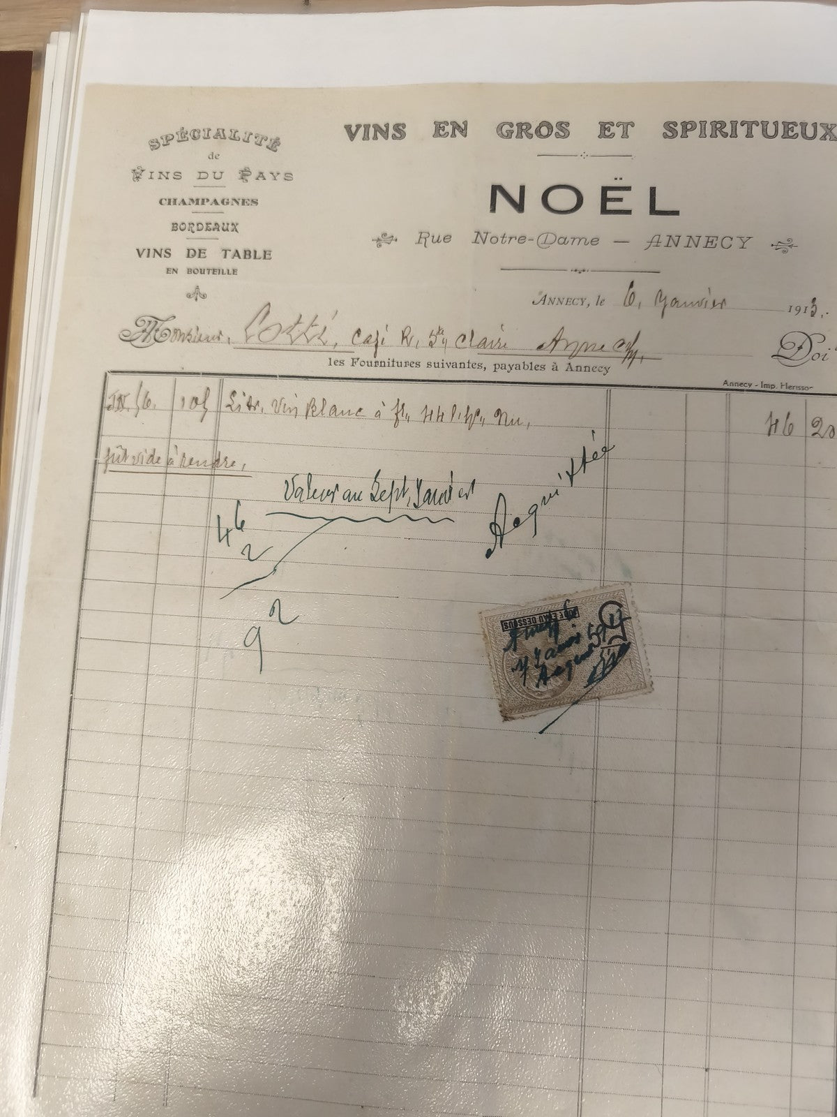 Ancien document commercial Noël Annecy 1913 facture vins timbre fiscal vintage