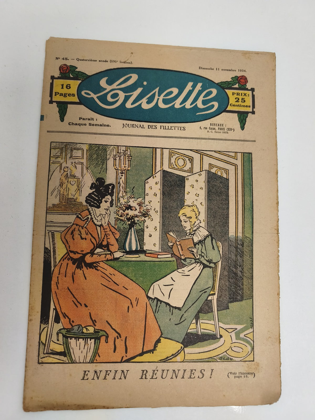 Ancien journal Lisette 1934, magazine illustré fillette, couverture couleur vint