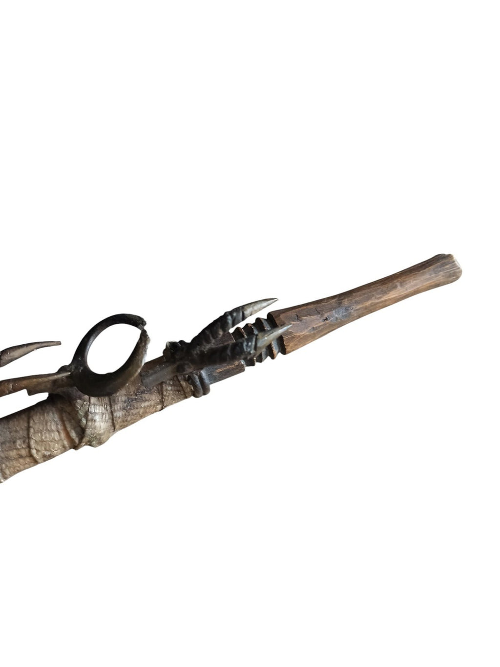 Pipe africaine ancienne bois serpent bronze, sculpture ethnique décorative