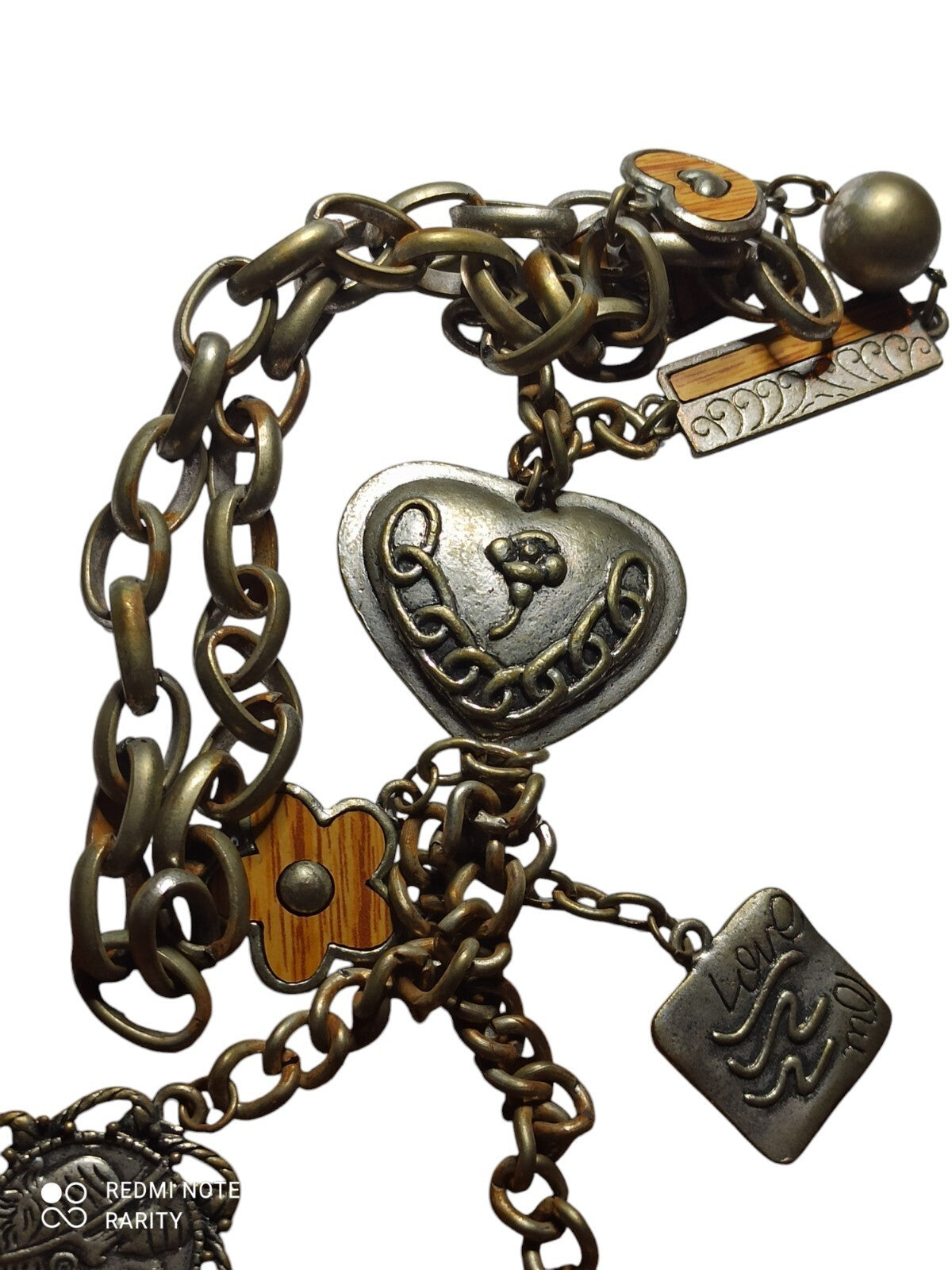 Collier fantaisie breloques Love Me cœur médaillon chaîne aspect vieilli