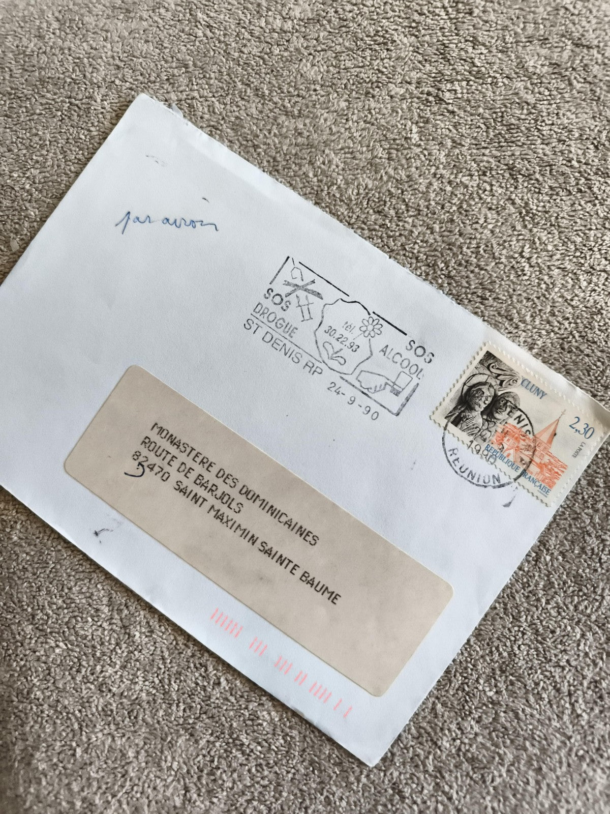 Lettre affranchie La Réunion 1990, timbres Marianne Cluny, oblitération SOS Drog