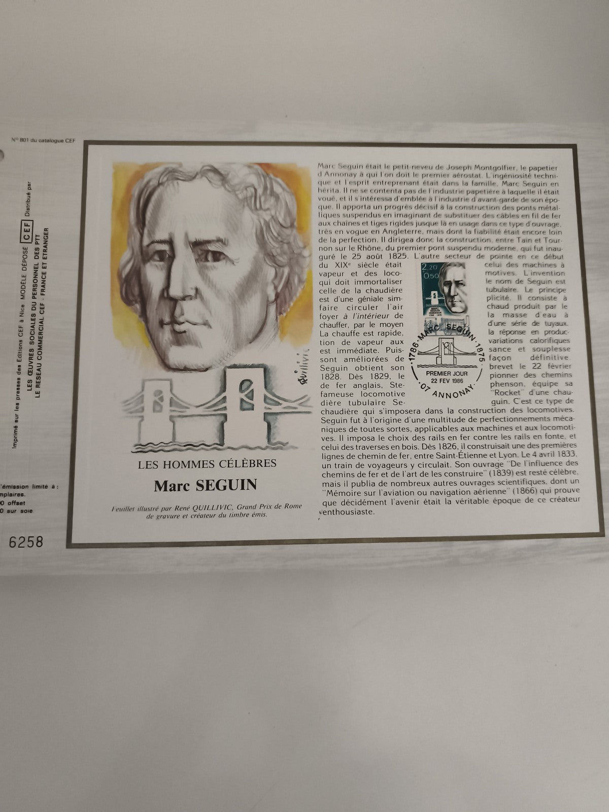 Feuillet philatélique CEF Marc Seguin illustré Quillivic timbre 1986 Premier Jou
