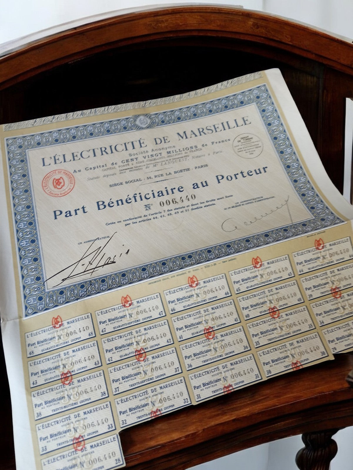 Ancien titre au porteur Électricité de Marseille années 1920 vintage