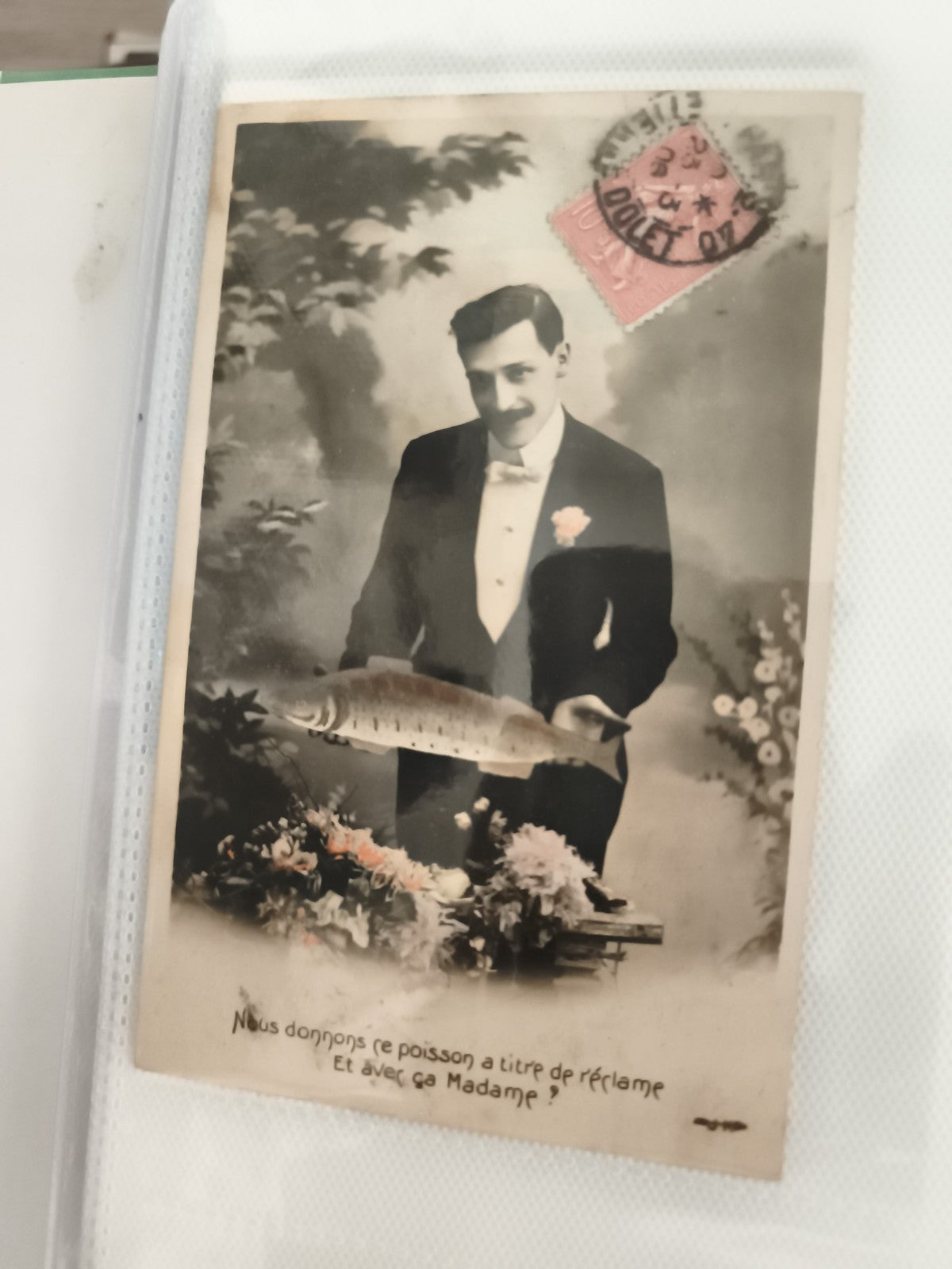 Carte postale ancienne humour poisson timbre 1907 photo rétro CPA