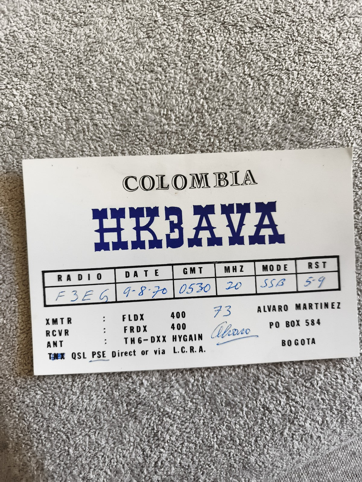 Carte QSL radio amateur HK3AVA Colombie 1970 vintage SSB DX ancienne