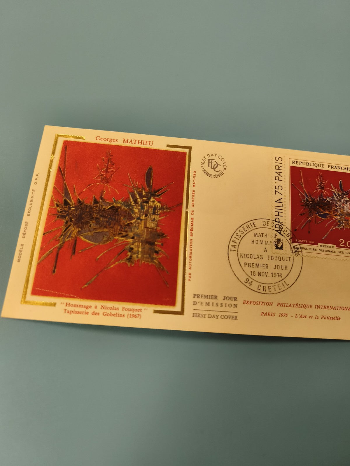 Enveloppe FDC premier jour d?émission Georges Mathieu motif rouge doré (Ref 11)