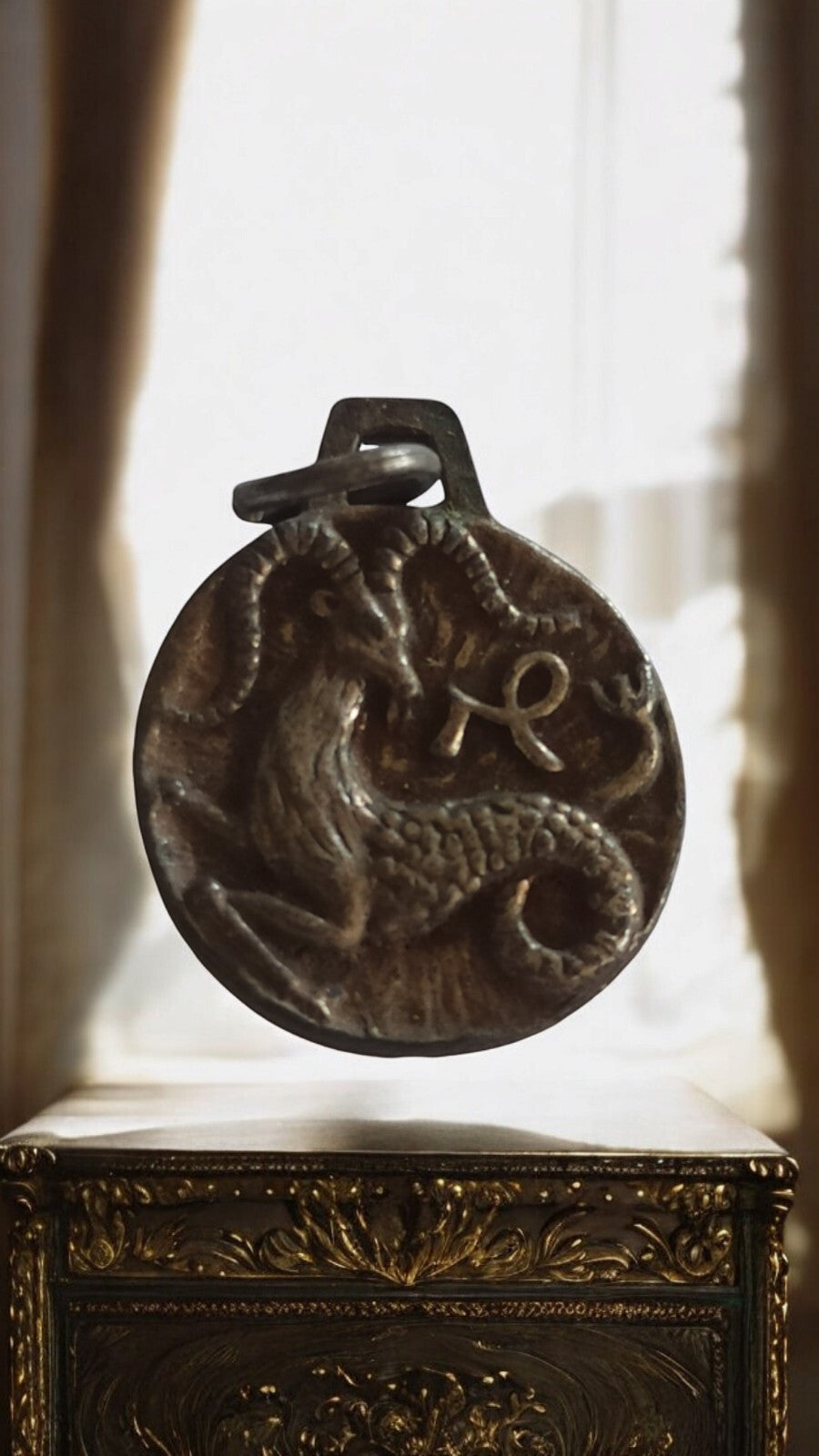 Vintage 1970 Capricorn zodiac medal relief pendant small medal