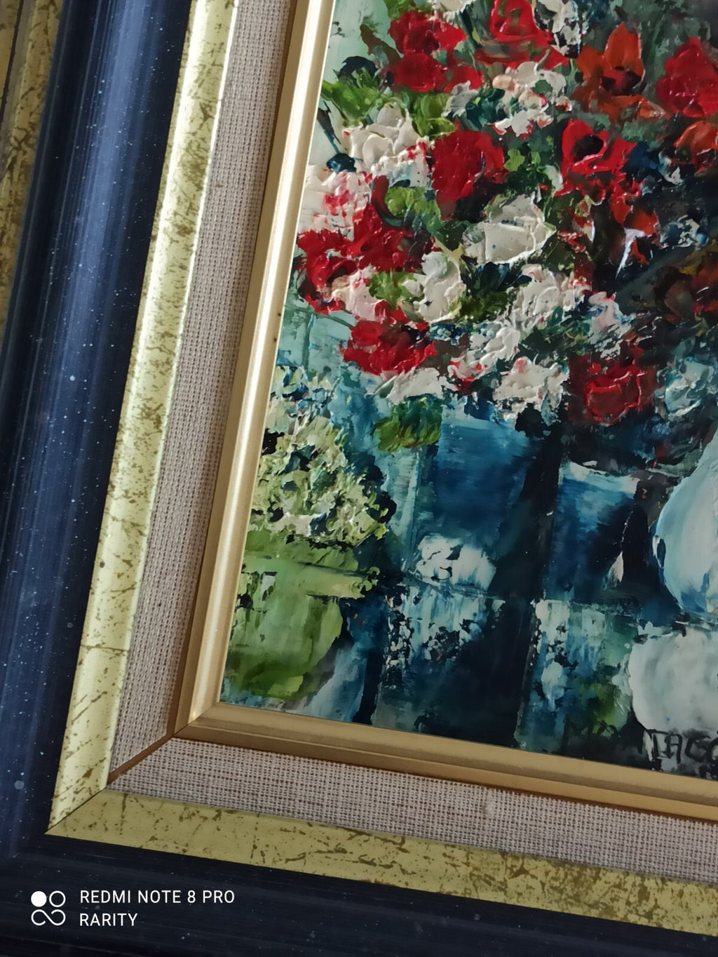 Tableau ancien signé Montaggioni fleurs nature morte cadre doré 32x28 cm peintur