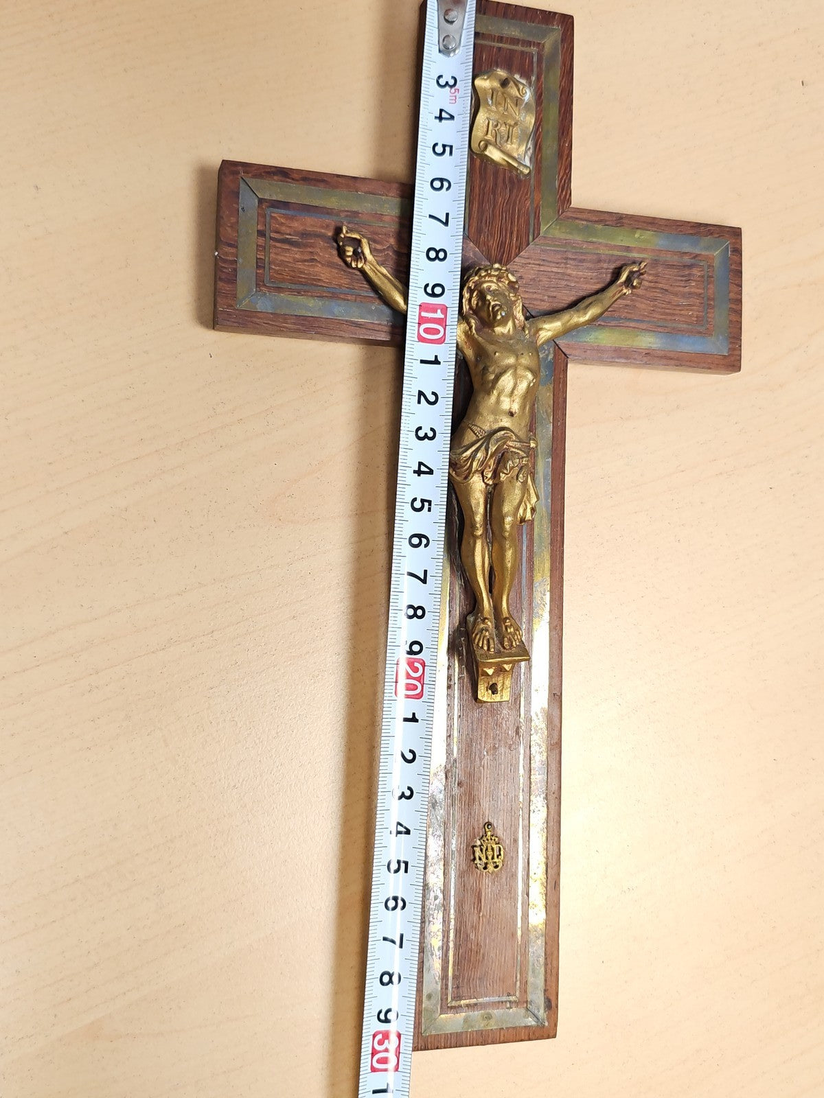 Large vintage wooden and bronze wall cross, antique religious crucifix decoration