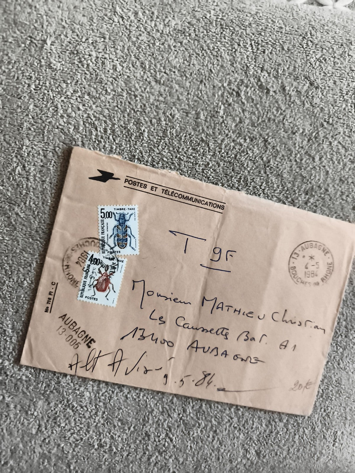 Lettre affranchie France 1984, timbres taxe 4F et 5F, oblitération Aubagne