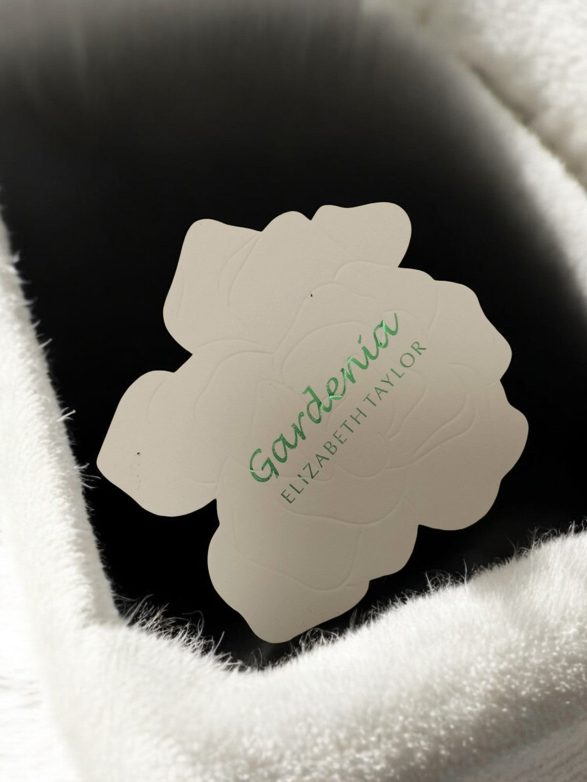 Carte publicitaire parfum Gardenia Elizabeth Taylor rétro fleur ancienne