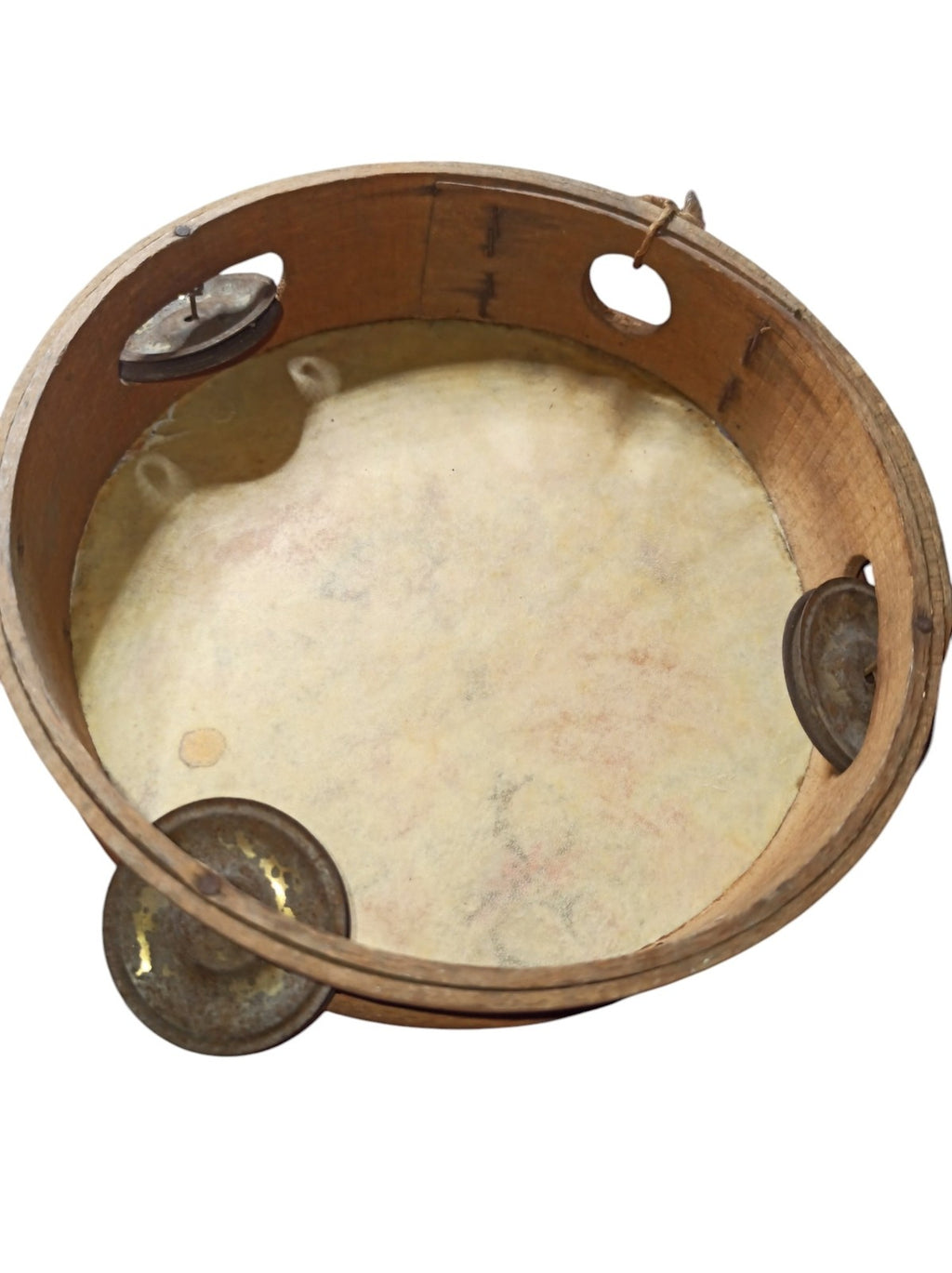 Tambourin vintage années 1950 français, bois clair, ancien instrument musique