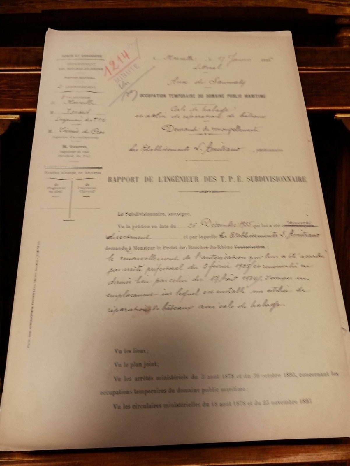 Document administratif ancien Marseille 1885 rapport ingénieur TPE subdivisionna