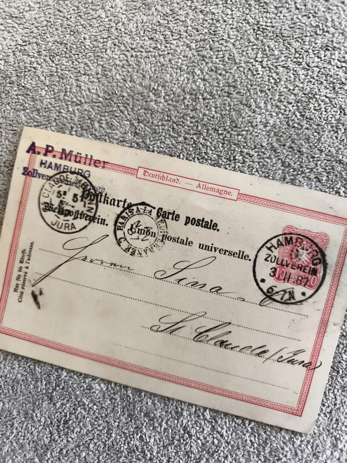 Carte postale CPA Allemagne Hamburg A-P Müller oblitérée 1897 tampon Jura