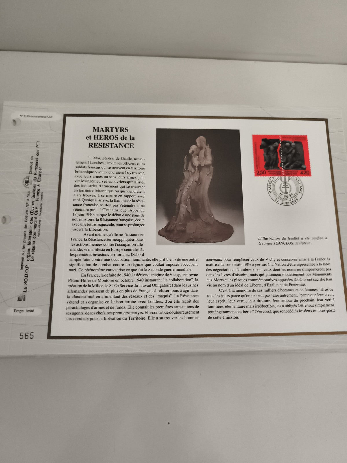 Feuillet CEF Martyrs Héros Résistance Suresnes 1987 philatélie timbres rouges