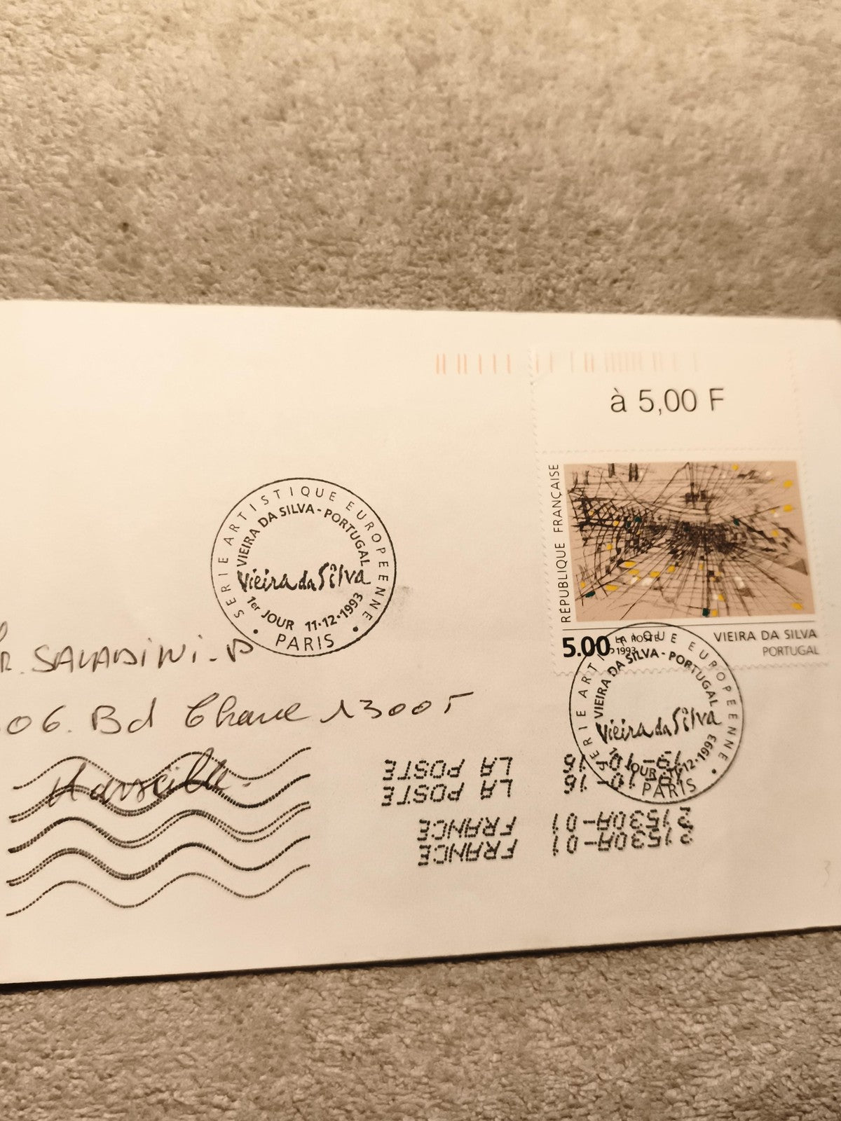Lettre affranchie timbre 5F Vieira da Silva oblitération 1993 Philatélie France