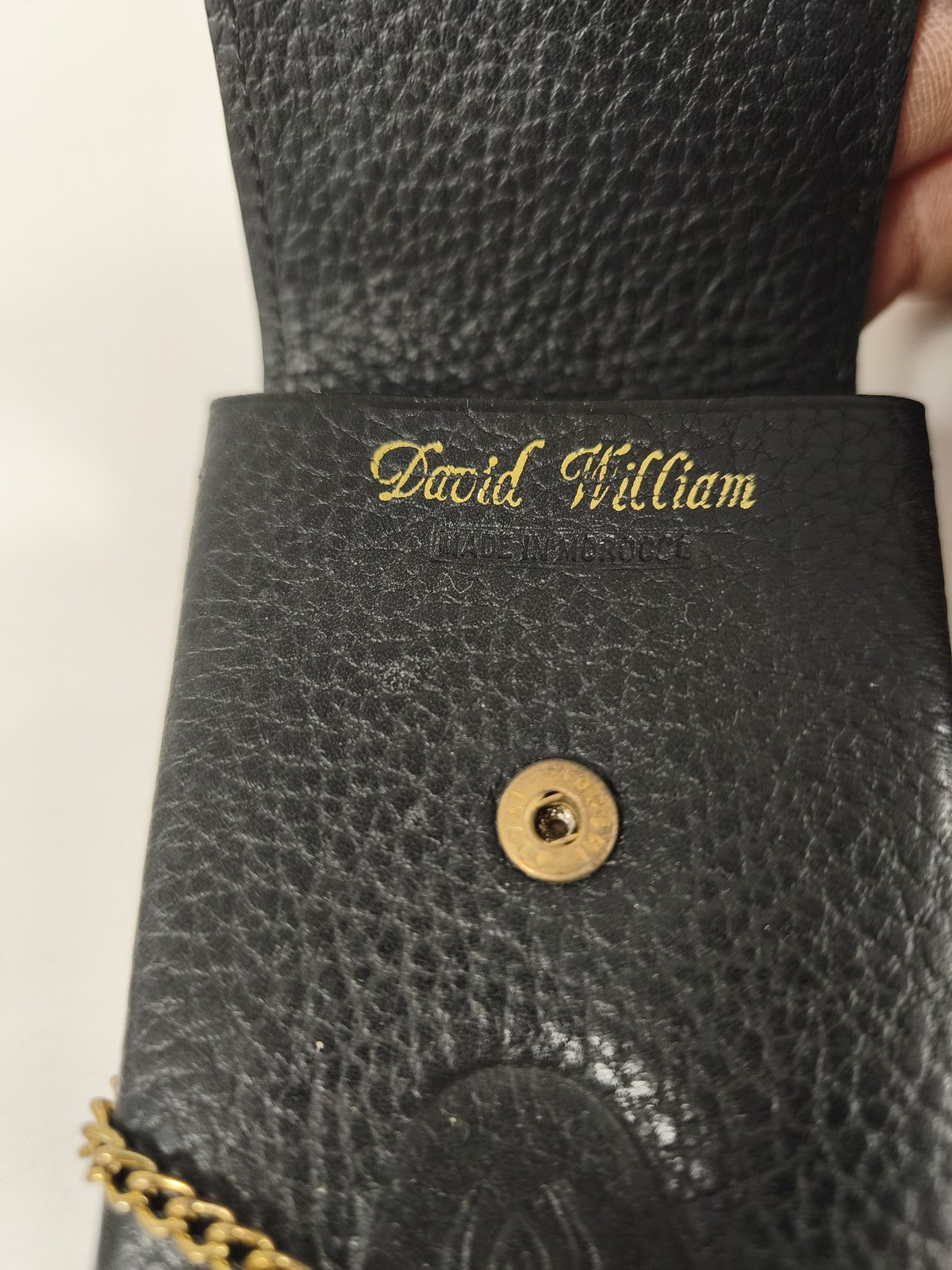 Ancienne pochette cuir David William porte-clés noir chaîne dorée vintage