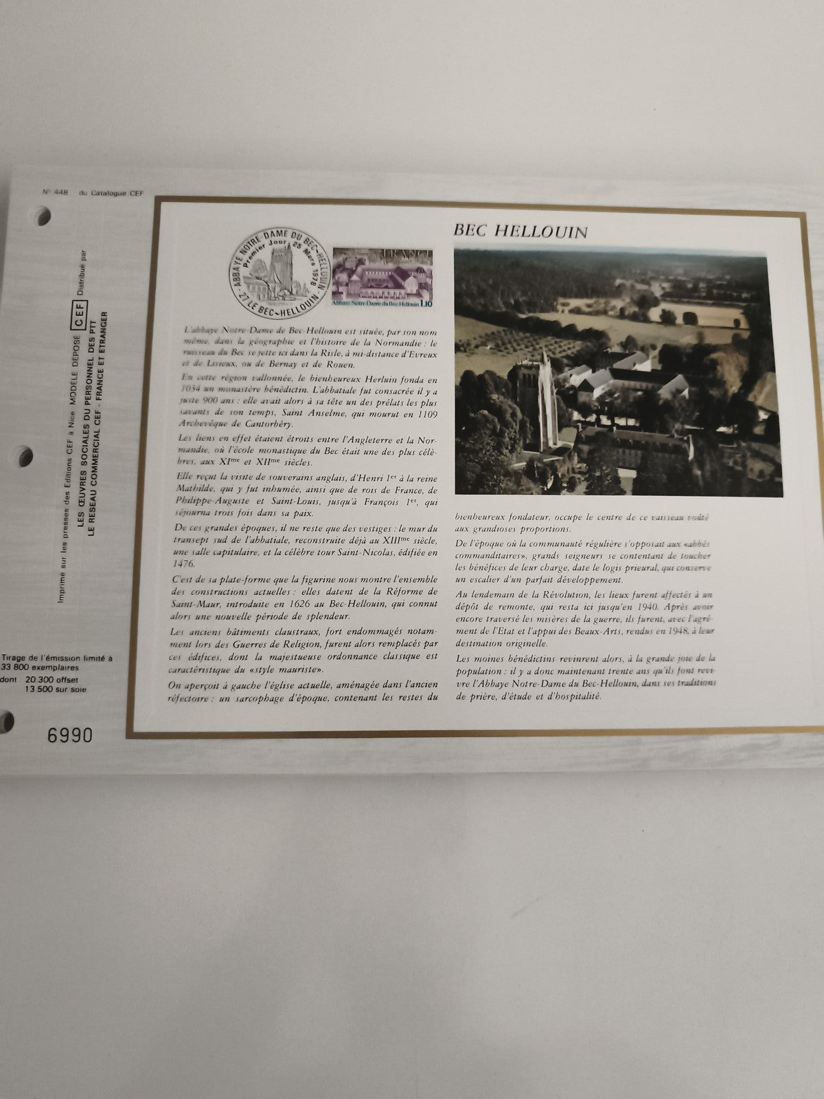 Feuillet philatélique CEF Bec Hellouin abbaye timbre obliteration
