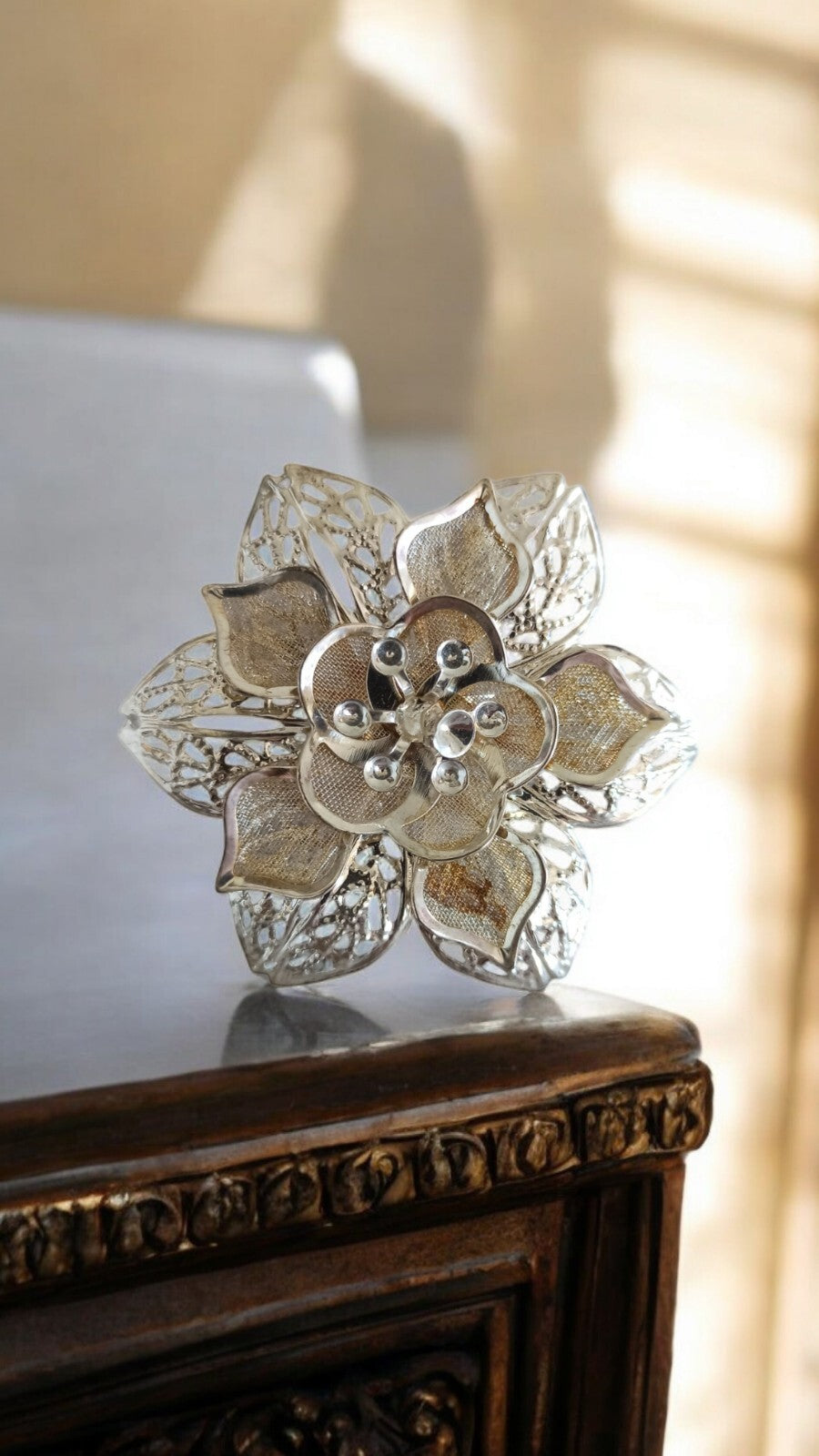 Bague fleur vintage filigrane argenté délicat – Bijou fantaisie taille 56