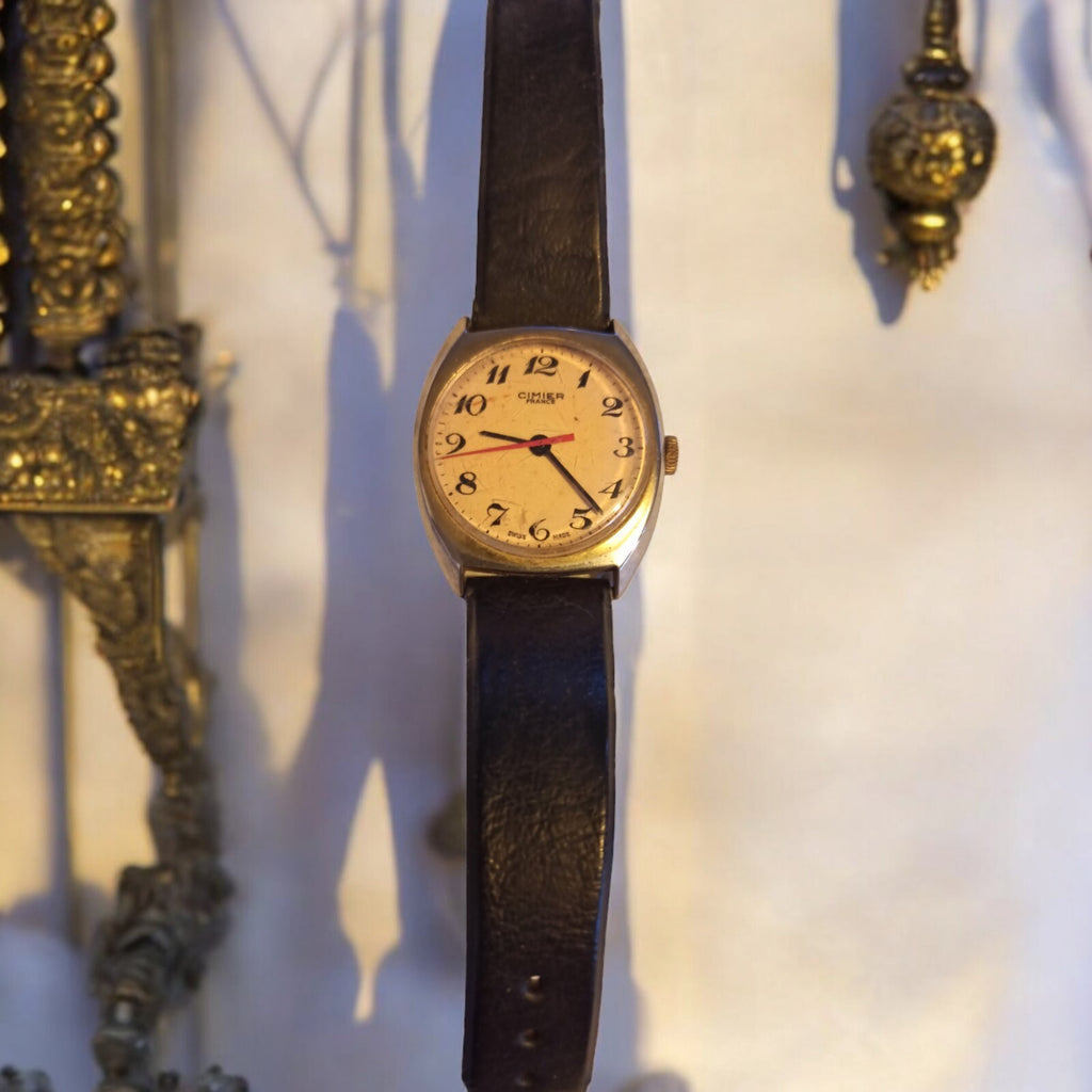 Montre vintage Cimier mécanique France cadran doré bracelet noir rétro