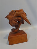 Sculpture vintage racine d’arbre visage stylisé, art ancien, pièce signée