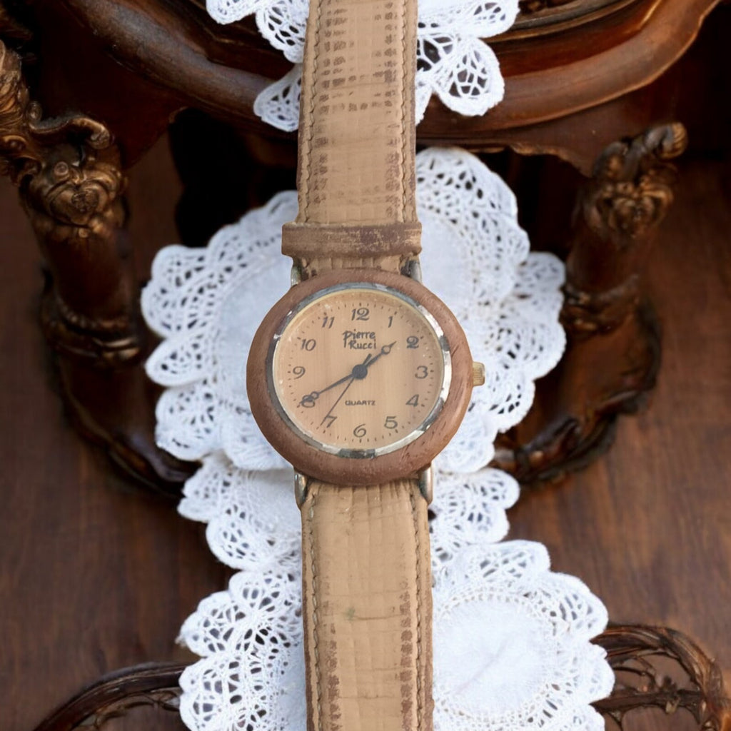 Montre vintage Pierre Rucci quartz, cadran beige, bracelet aspect croco