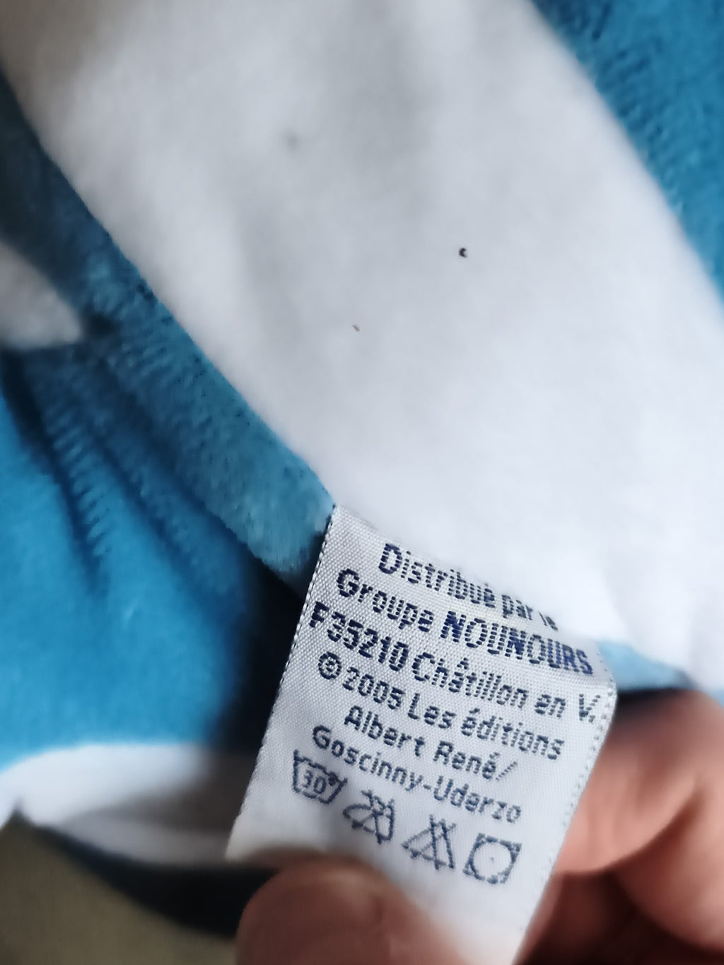Peluche Astérix vintage Parc Astérix bleu blanc rayé licence étiquette