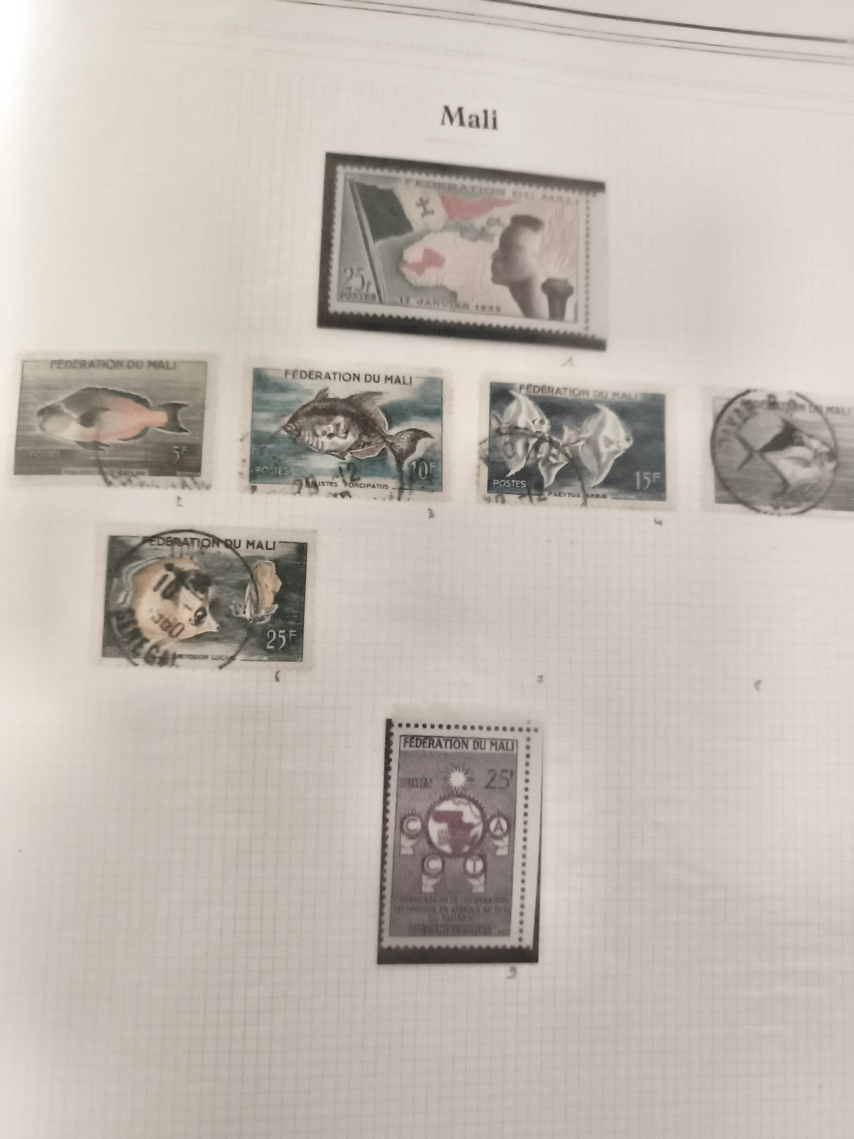 Timbres Mali Fédération du Mali poissons faune Afrique lot oblitérés poste