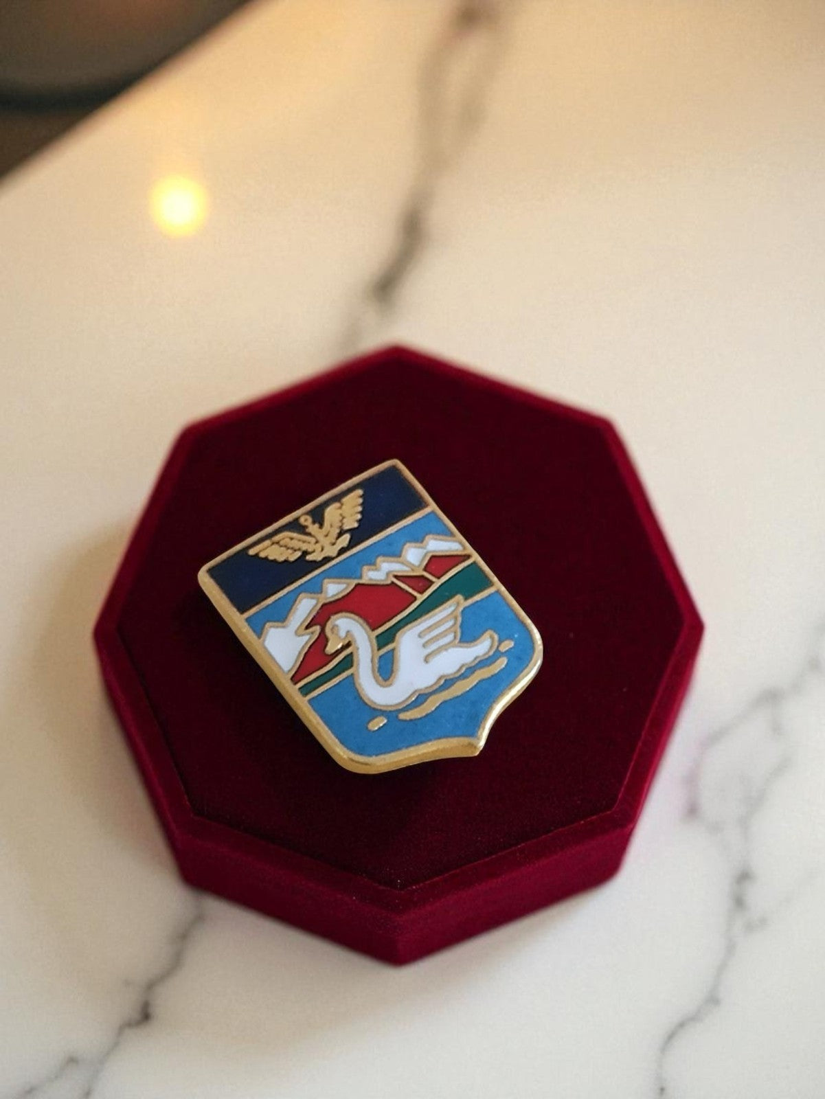 Pin's émaillé vintage blason cygne écu, accessoire rétro héraldique