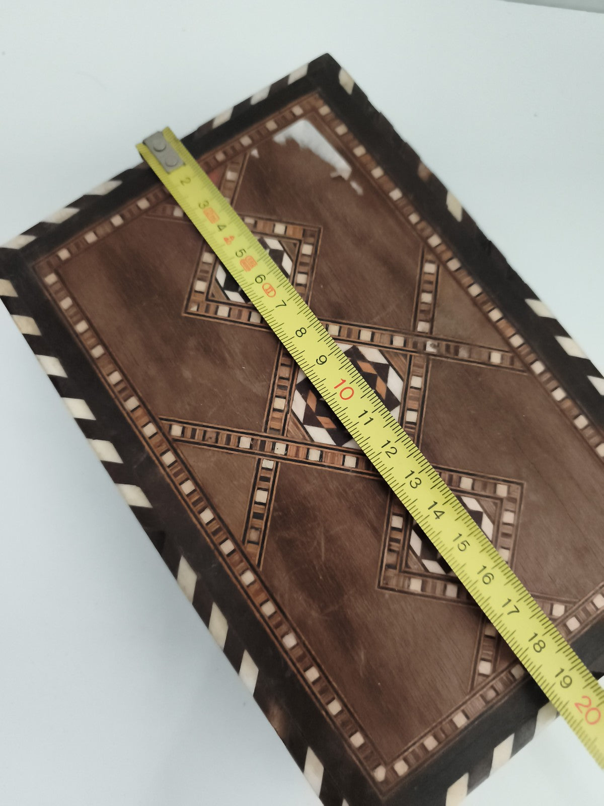 Boîte à bijoux ancienne marqueterie orientale, coffret décor géométrique vintage