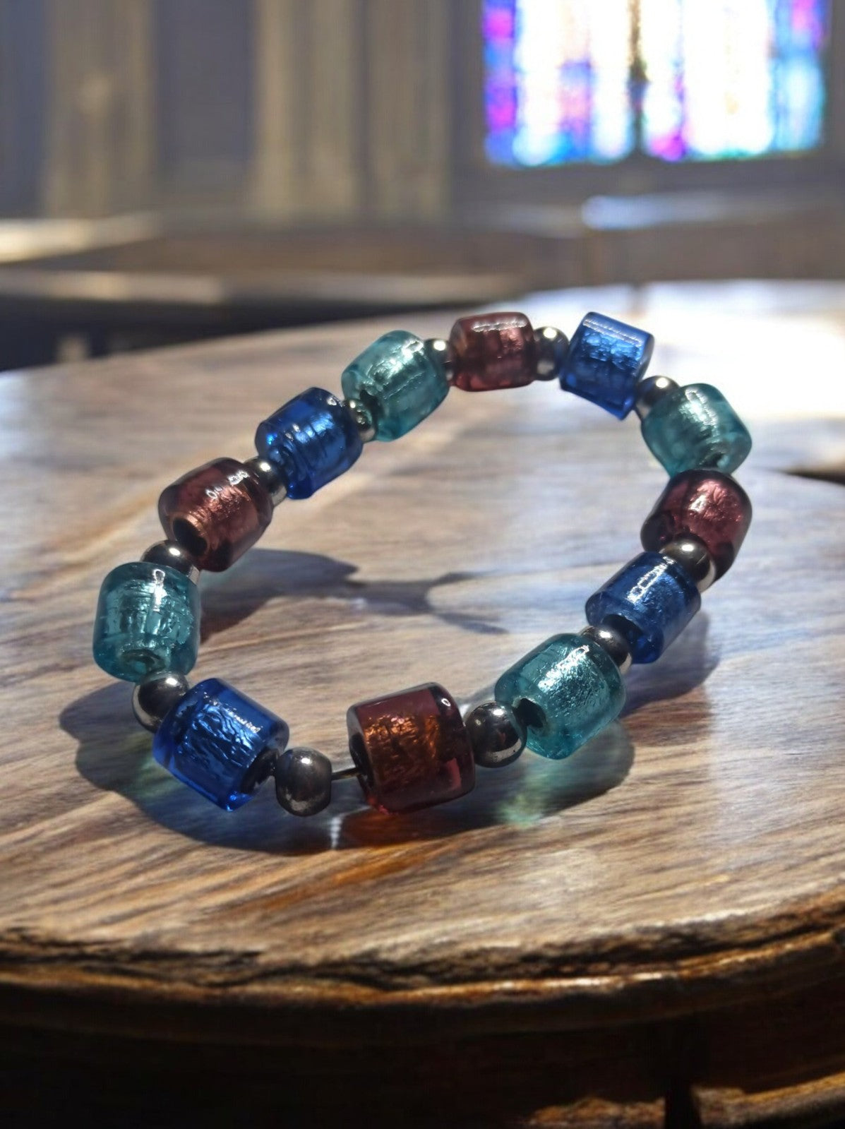 Bracelet vintage perles verre bleu bordeaux années 70 rétro unique