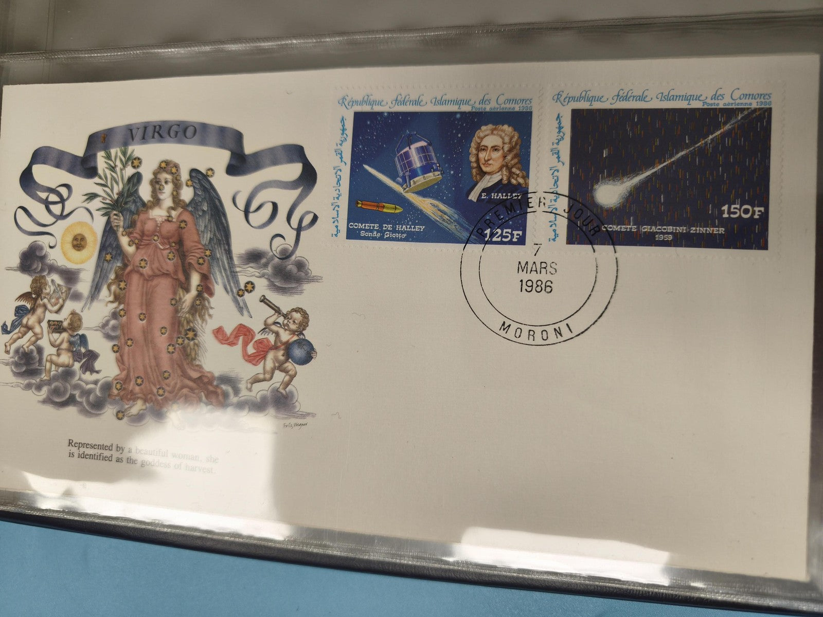 Enveloppe FDC premier jour Comores 1986, timbres comètes Halley et Giacobini, mo